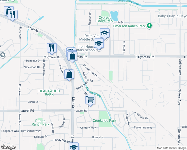 map of restaurants, bars, coffee shops, grocery stores, and more near 4785 Mammouth Lane in Oakley