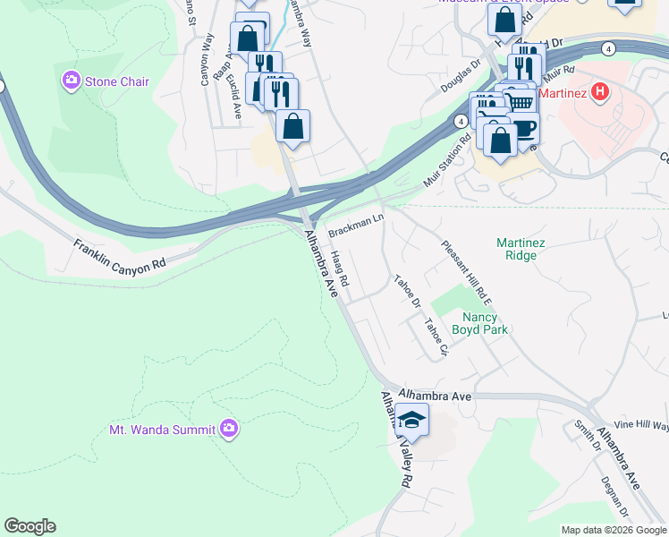 map of restaurants, bars, coffee shops, grocery stores, and more near 4530 Haag Road in Martinez