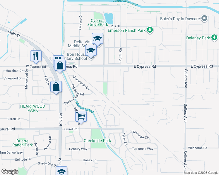 map of restaurants, bars, coffee shops, grocery stores, and more near 38 Dali Court in Oakley