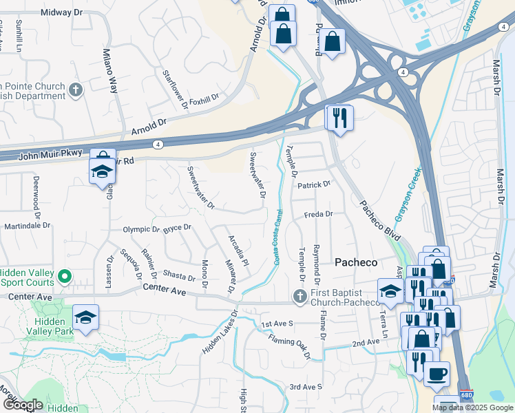 map of restaurants, bars, coffee shops, grocery stores, and more near 2329 Sweetwater Drive in Martinez
