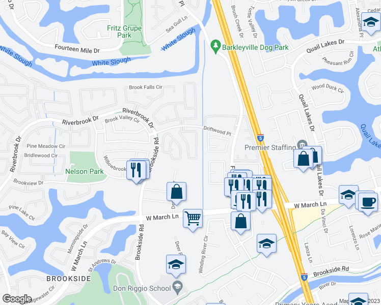 map of restaurants, bars, coffee shops, grocery stores, and more near 3283 Amberfield Circle in Stockton