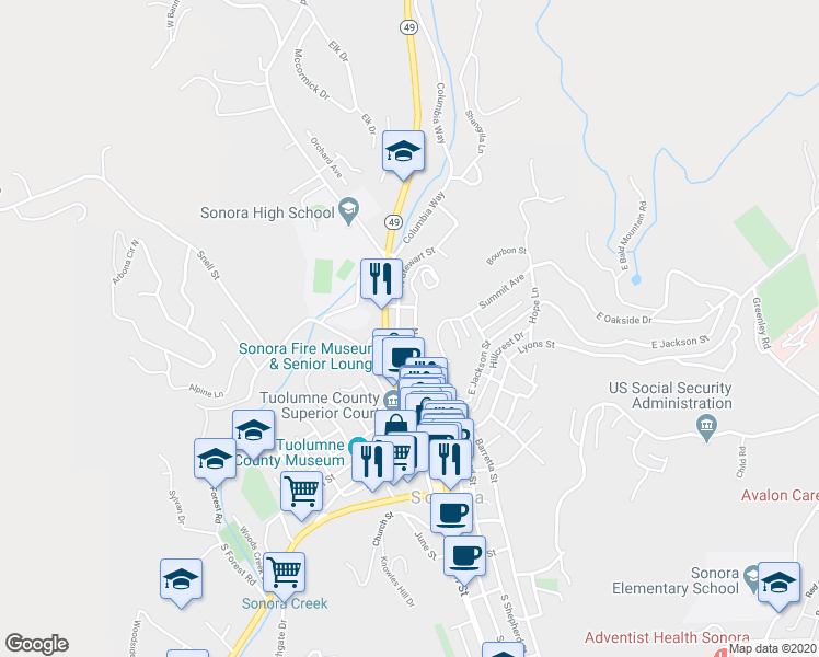 map of restaurants, bars, coffee shops, grocery stores, and more near 172 North Shepherd Street in Sonora