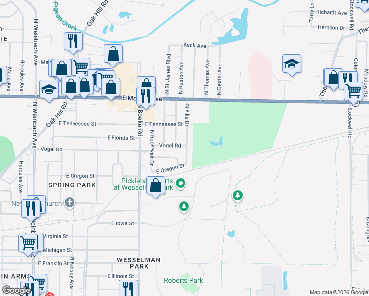 map of restaurants, bars, coffee shops, grocery stores, and more near 2719 Vogel Road in Evansville