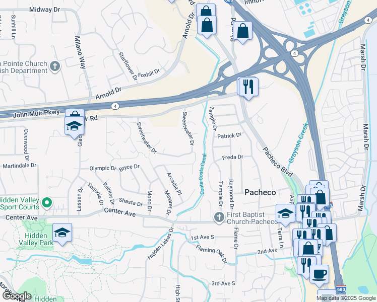 map of restaurants, bars, coffee shops, grocery stores, and more near 2329 Sweetwater Drive in Martinez