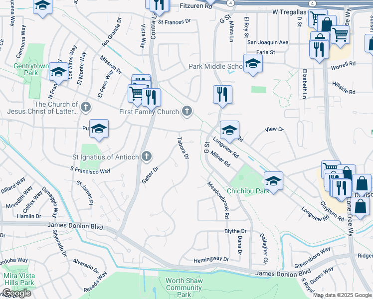 map of restaurants, bars, coffee shops, grocery stores, and more near 3207 Tabora Drive in Antioch