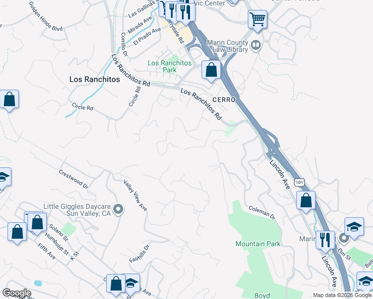 map of restaurants, bars, coffee shops, grocery stores, and more near 39 Rustic Way in San Rafael