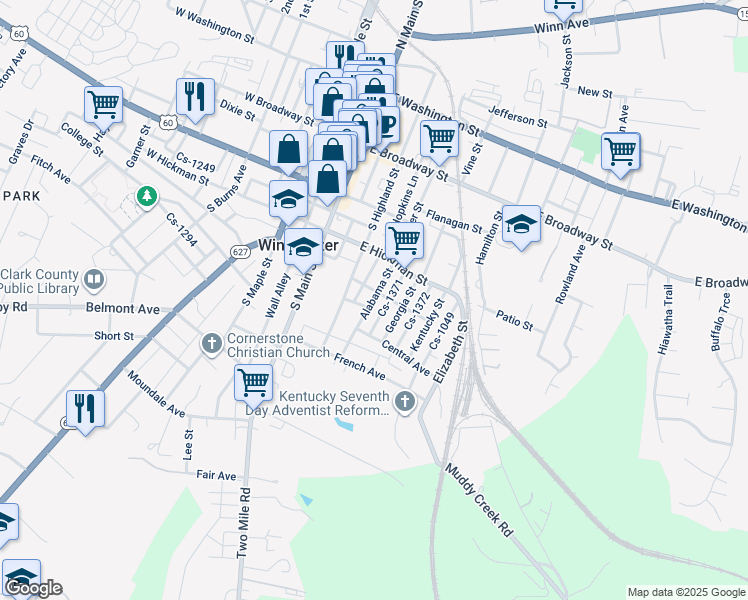 map of restaurants, bars, coffee shops, grocery stores, and more near 132 Alabama Street in Winchester