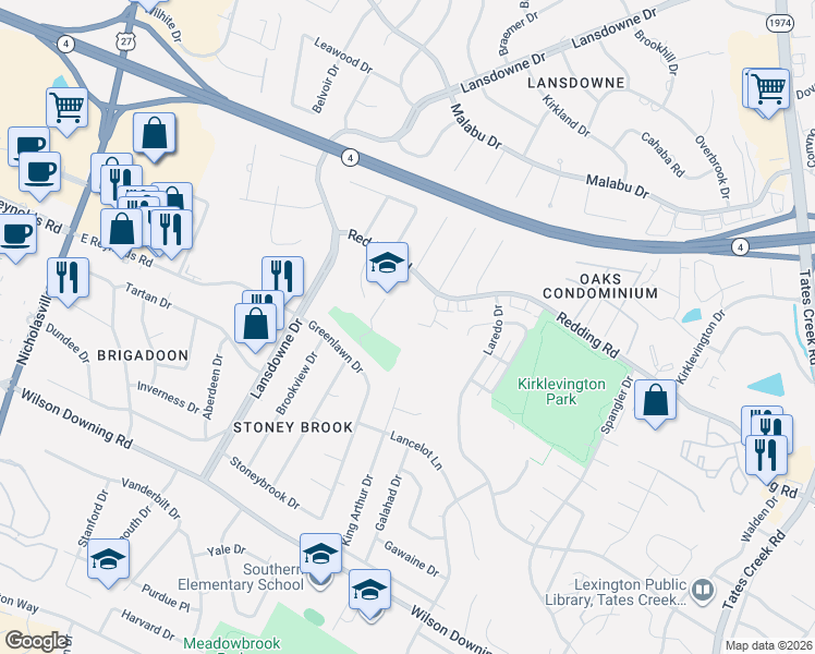 map of restaurants, bars, coffee shops, grocery stores, and more near 3501 Laredo Drive in Lexington