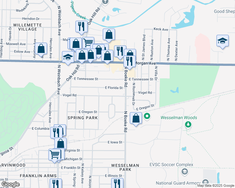 map of restaurants, bars, coffee shops, grocery stores, and more near 1118 North Boeke Road in Evansville