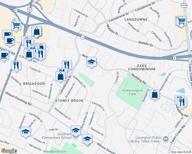 map of restaurants, bars, coffee shops, grocery stores, and more near 3500 Warwick Drive in Lexington