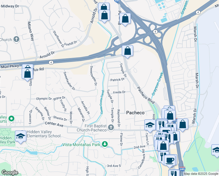 map of restaurants, bars, coffee shops, grocery stores, and more near 209 Towers Drive in Pacheco