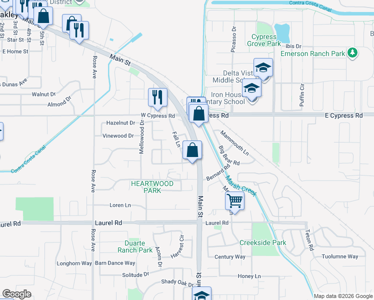 map of restaurants, bars, coffee shops, grocery stores, and more near 336 Fall Circle in Oakley