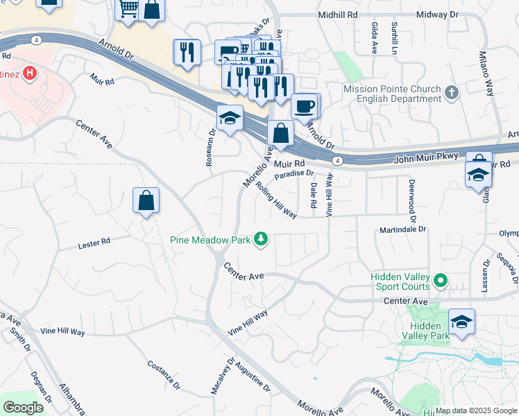 map of restaurants, bars, coffee shops, grocery stores, and more near 1132 Paradise Drive in Martinez