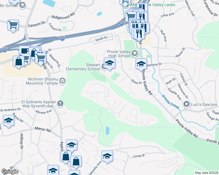 map of restaurants, bars, coffee shops, grocery stores, and more near 12 North Rancho Court in El Sobrante