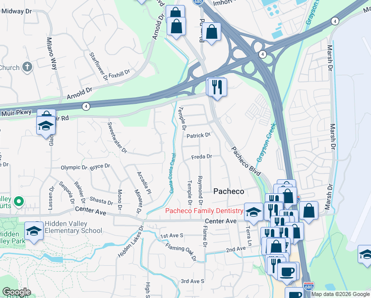map of restaurants, bars, coffee shops, grocery stores, and more near 209 Towers Drive in Pacheco