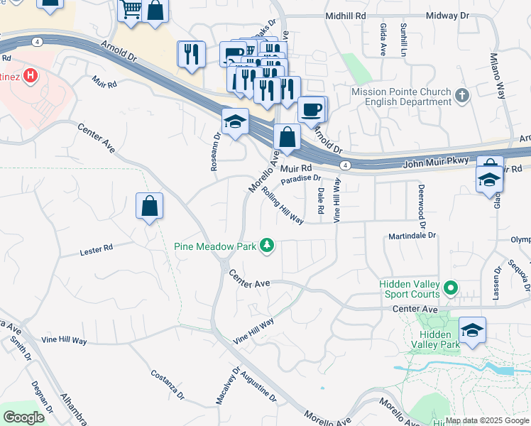 map of restaurants, bars, coffee shops, grocery stores, and more near 1132 Paradise Drive in Martinez
