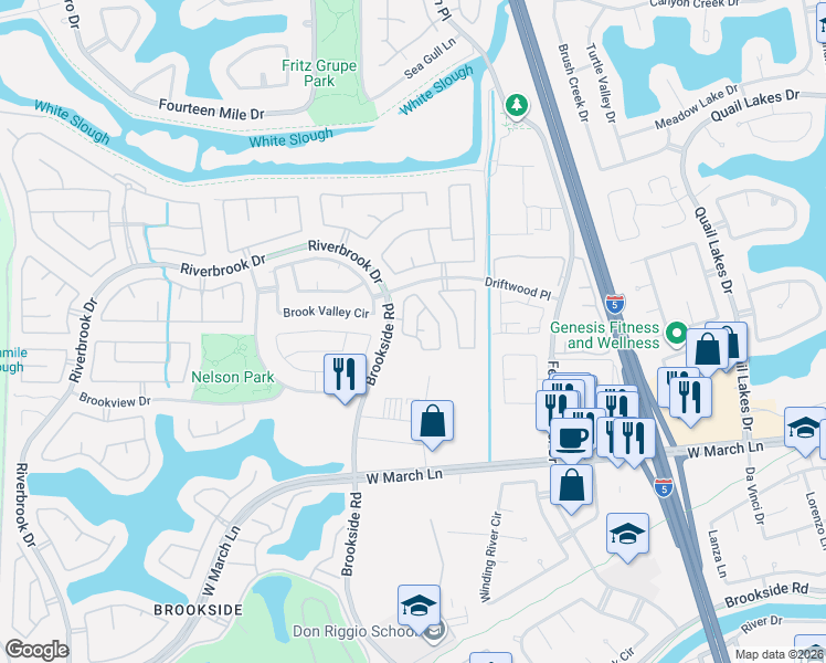 map of restaurants, bars, coffee shops, grocery stores, and more near 3603 Hidden Brook Drive in Stockton