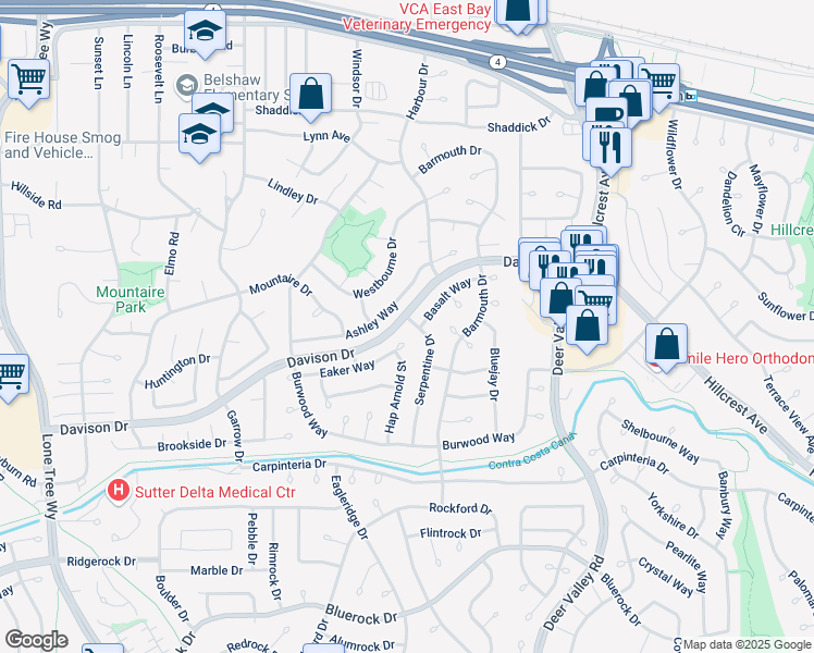 map of restaurants, bars, coffee shops, grocery stores, and more near 809 Basalt Way in Antioch