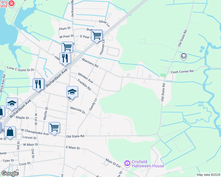 map of restaurants, bars, coffee shops, grocery stores, and more near 3835 Walt Thomas Drive in Crisfield