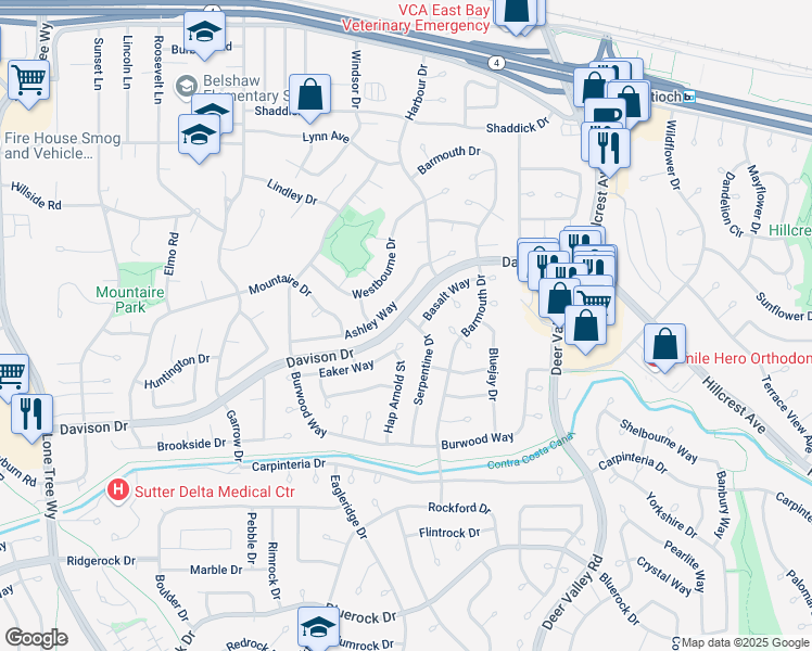 map of restaurants, bars, coffee shops, grocery stores, and more near 809 Basalt Way in Antioch
