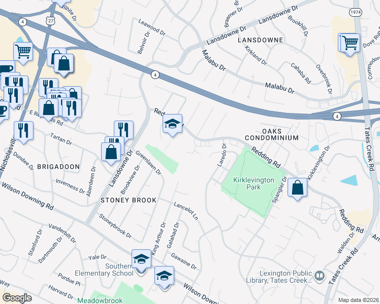 map of restaurants, bars, coffee shops, grocery stores, and more near 340 Redding Road in Lexington