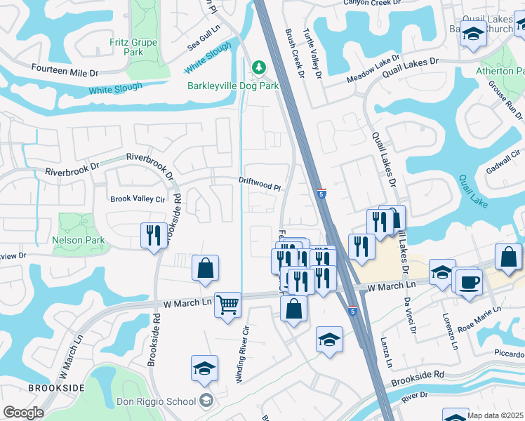 map of restaurants, bars, coffee shops, grocery stores, and more near 2930 Driftwood Place in Stockton