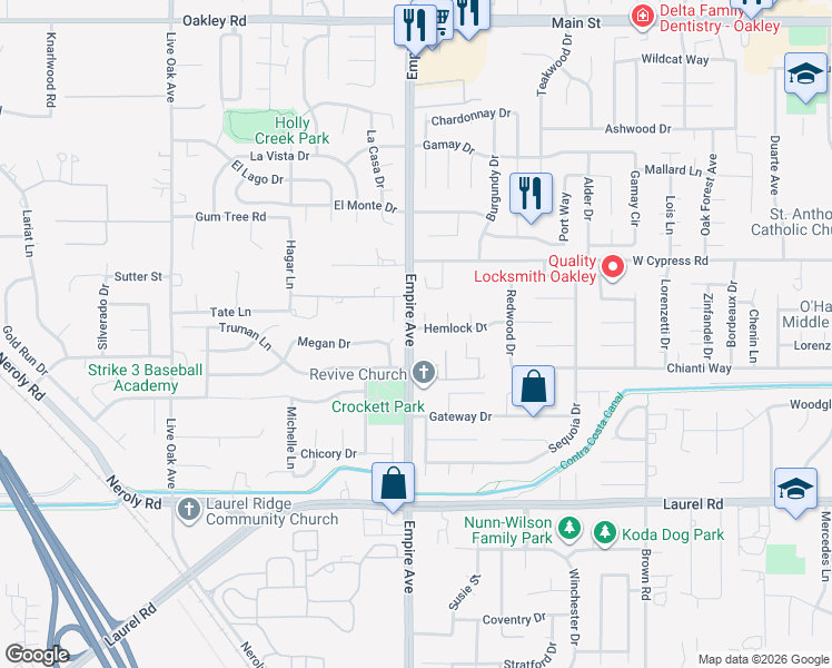 map of restaurants, bars, coffee shops, grocery stores, and more near 1961 Hemlock Drive in Oakley