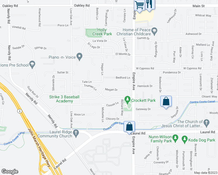 map of restaurants, bars, coffee shops, grocery stores, and more near 2180 Megan Drive in Oakley