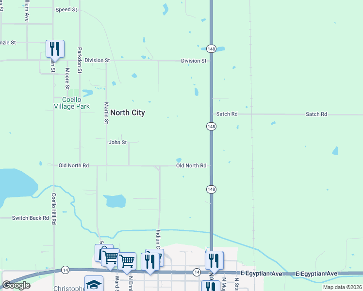 map of restaurants, bars, coffee shops, grocery stores, and more near 5267 Old North Road in Christopher