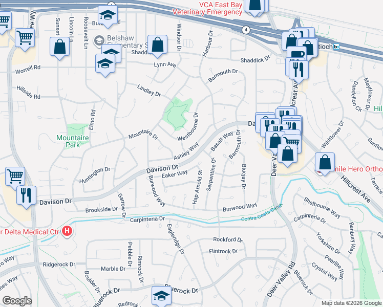 map of restaurants, bars, coffee shops, grocery stores, and more near 3154 Ashley Way in Antioch