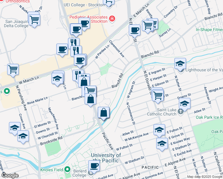 map of restaurants, bars, coffee shops, grocery stores, and more near 320 West Bianchi Road in Stockton
