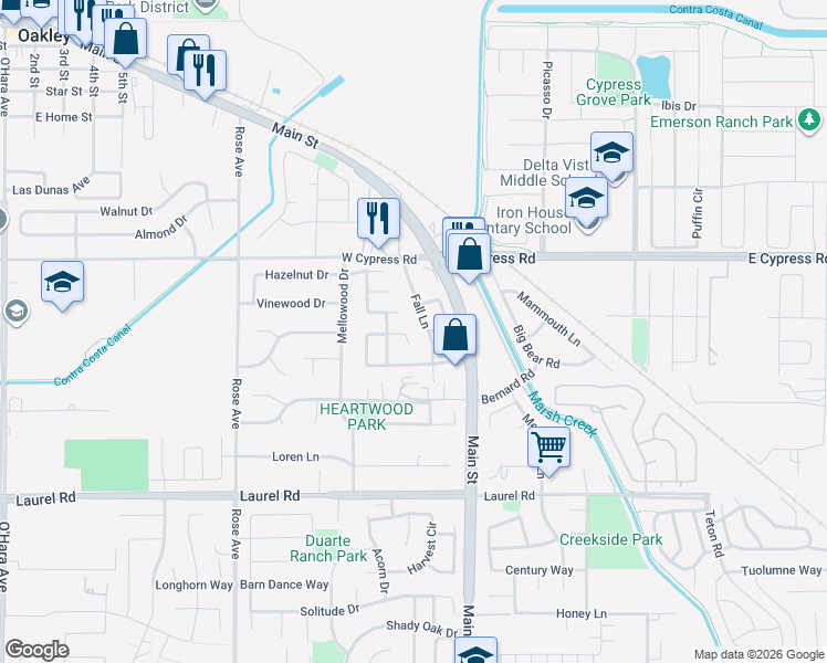 map of restaurants, bars, coffee shops, grocery stores, and more near 256 Brazil Ct in Oakley