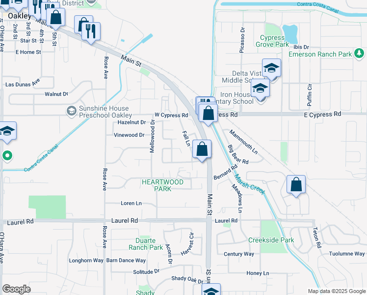 map of restaurants, bars, coffee shops, grocery stores, and more near 256 Brazil Court in Oakley