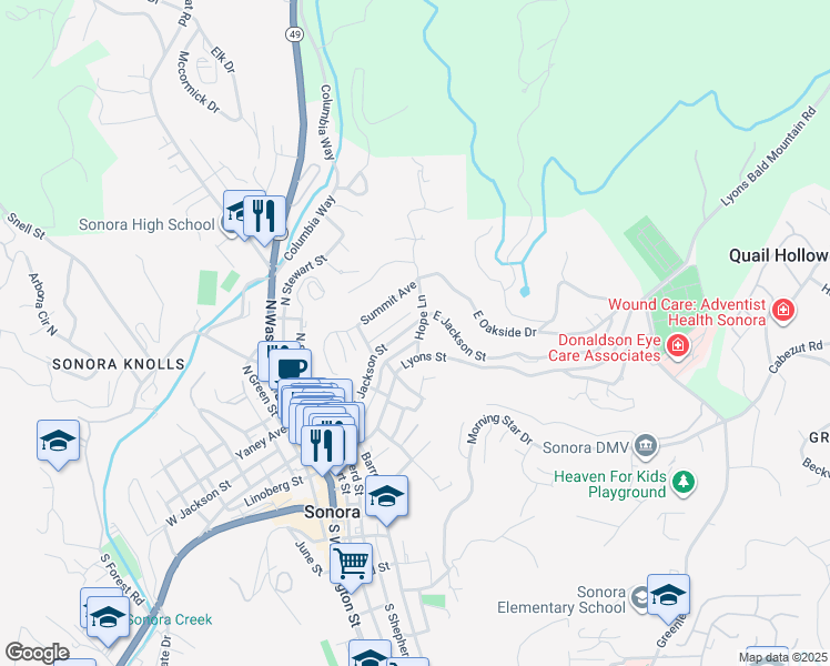map of restaurants, bars, coffee shops, grocery stores, and more near 306 Hillcrest Drive in Sonora