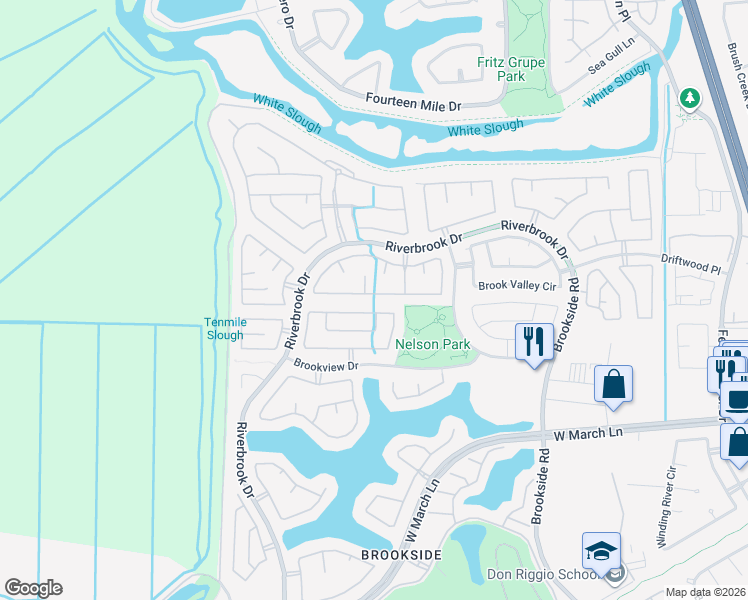 map of restaurants, bars, coffee shops, grocery stores, and more near 6432 Pine Meadow Circle in Stockton