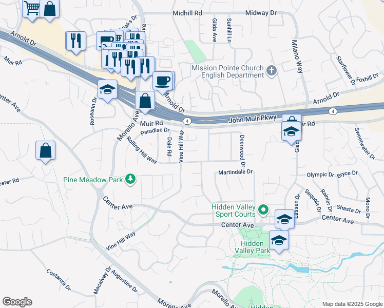 map of restaurants, bars, coffee shops, grocery stores, and more near 1422 Flintwood Court in Martinez