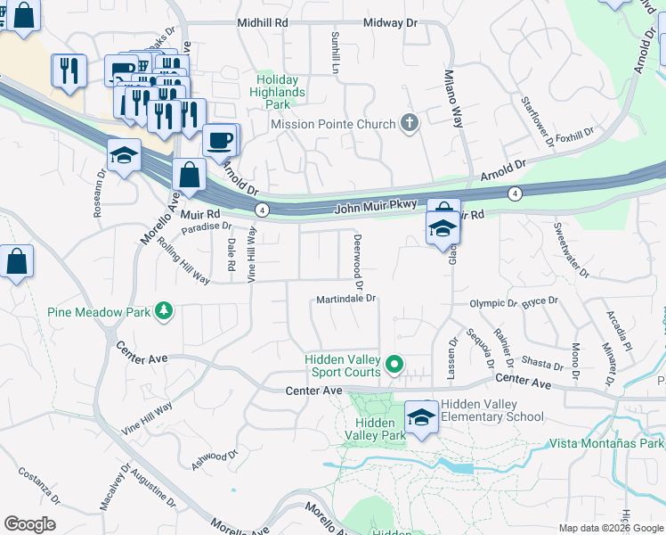 map of restaurants, bars, coffee shops, grocery stores, and more near 2111 Knollwood Drive in Martinez