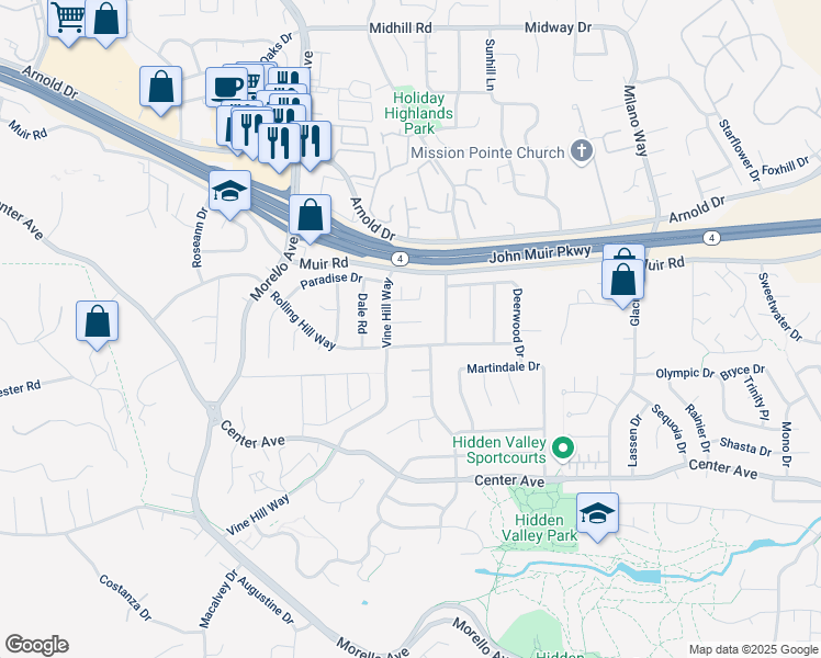 map of restaurants, bars, coffee shops, grocery stores, and more near 1422 Flintwood Court in Martinez