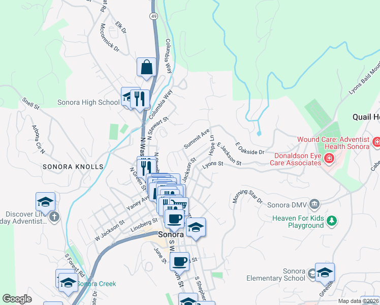 map of restaurants, bars, coffee shops, grocery stores, and more near 252 Summit Avenue in Sonora