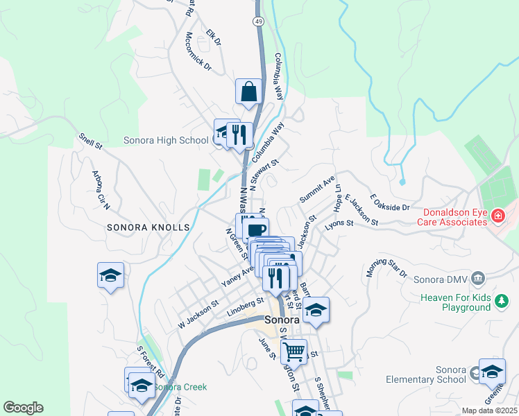 map of restaurants, bars, coffee shops, grocery stores, and more near 255 North Stewart Street in Sonora