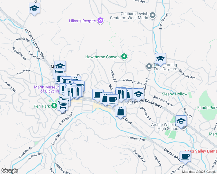 map of restaurants, bars, coffee shops, grocery stores, and more near 68 Willow Avenue in Fairfax