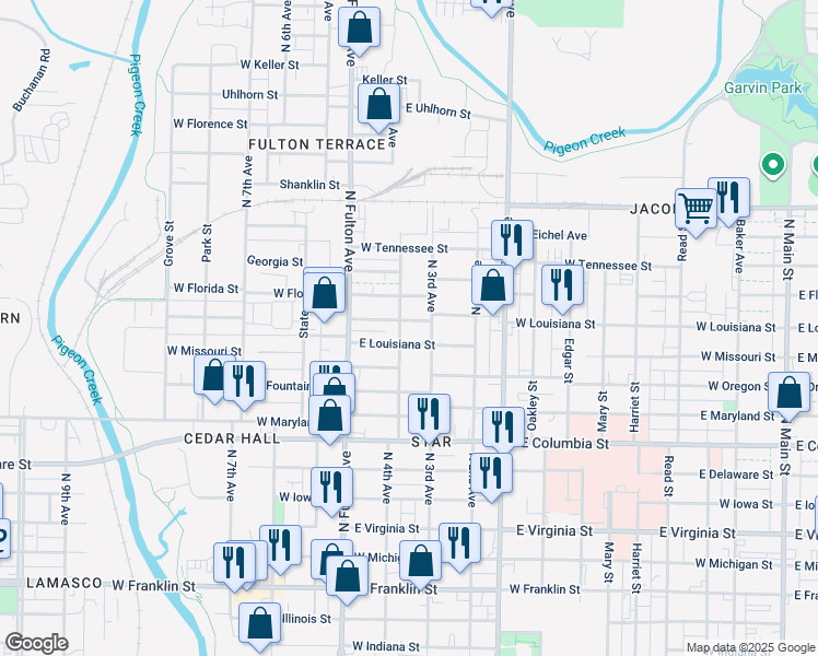 map of restaurants, bars, coffee shops, grocery stores, and more near 1209 North 4th Avenue in Evansville