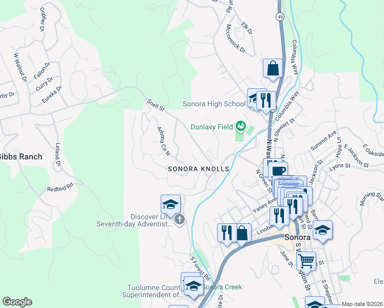 map of restaurants, bars, coffee shops, grocery stores, and more near 498 Calaveras Way in Sonora