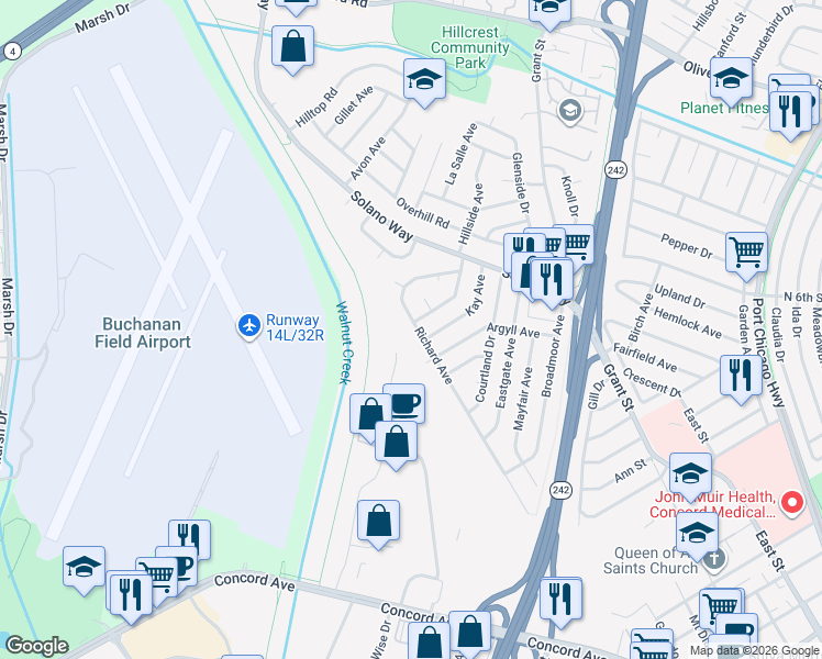 map of restaurants, bars, coffee shops, grocery stores, and more near 2831 Richard Avenue in Concord