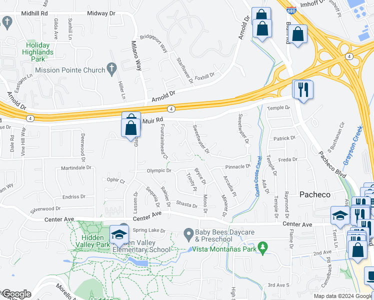 map of restaurants, bars, coffee shops, grocery stores, and more near 124 Fountainhead Court in Martinez