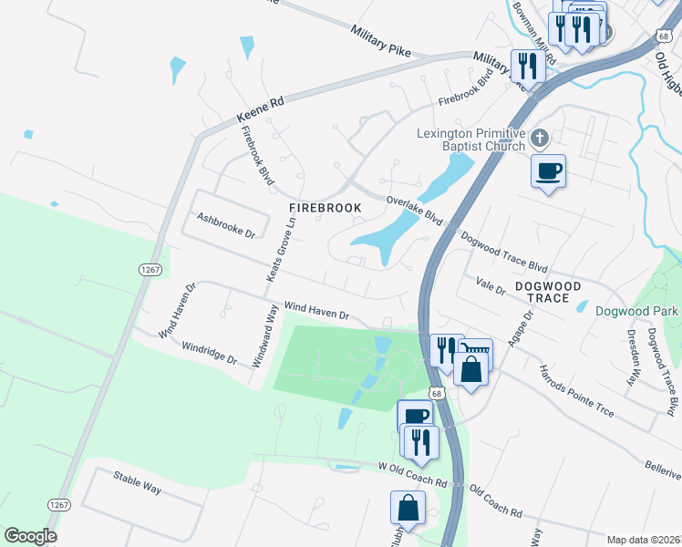map of restaurants, bars, coffee shops, grocery stores, and more near 4840 Waterside Drive in Lexington