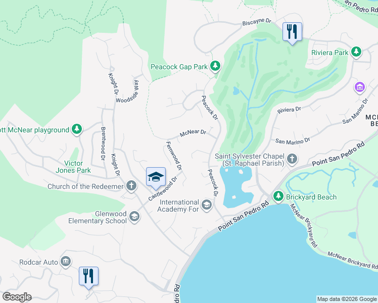 map of restaurants, bars, coffee shops, grocery stores, and more near 23 McNear Drive in San Rafael