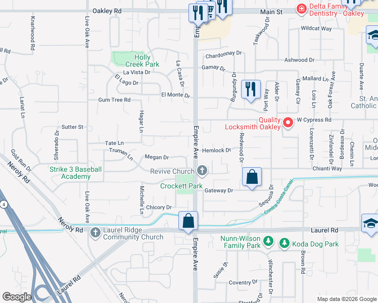 map of restaurants, bars, coffee shops, grocery stores, and more near 25 Meagan Court in Oakley