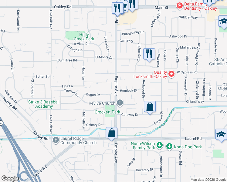 map of restaurants, bars, coffee shops, grocery stores, and more near 25 Meagan Court in Oakley