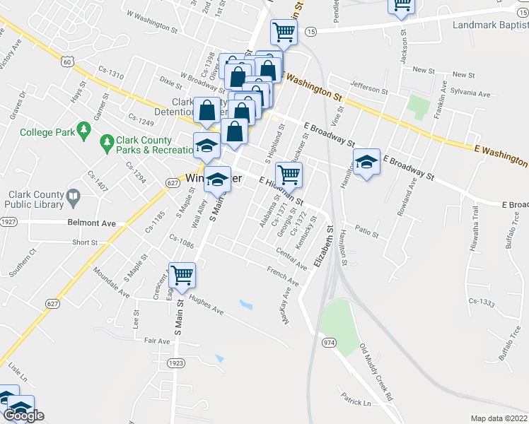 map of restaurants, bars, coffee shops, grocery stores, and more near 106 Alabama Street in Winchester